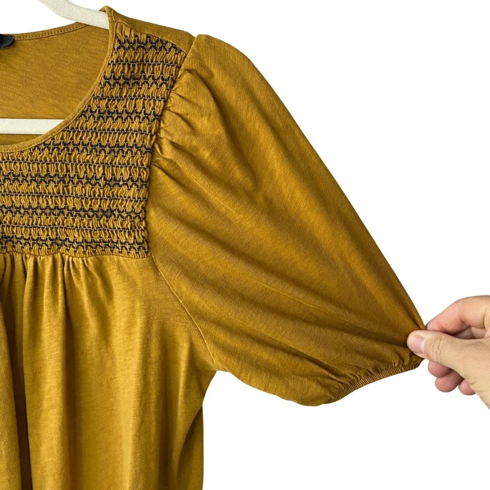 J.Crew Mustard Yellow Smocked Puff Sleeve Knit Top Gold Boho Scoop Neck Medium